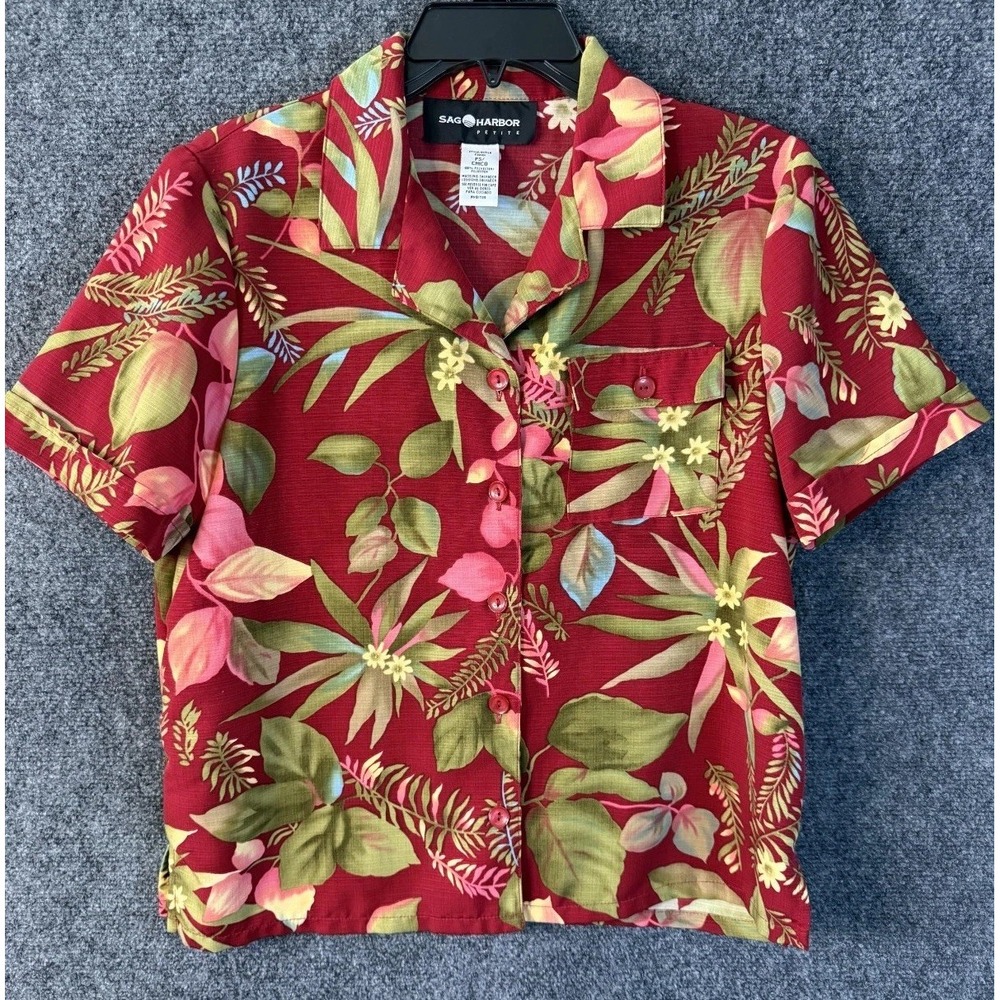 Vintage Sag Harbor Tropical Hawaiian Top Women's Size PS Red Hibiscus Palm